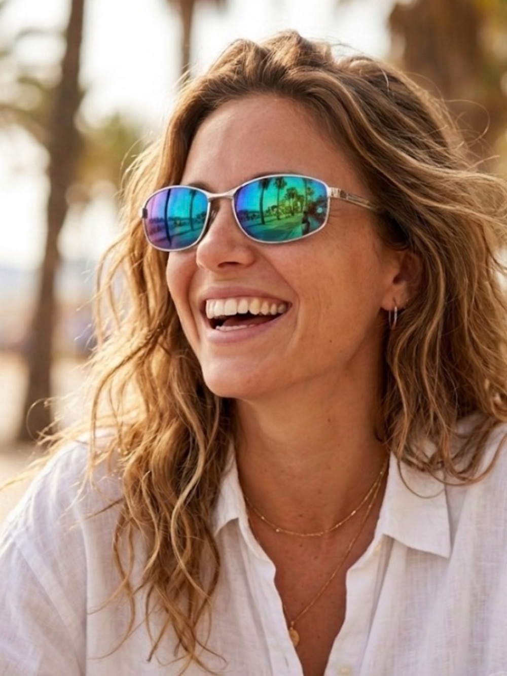 Silver Frame Blue-Green Mirrored Women's Sunglasses